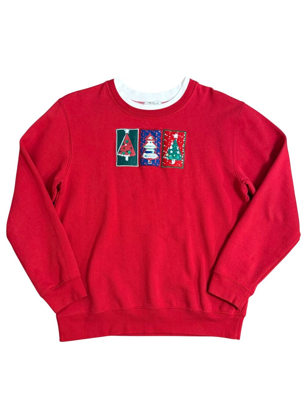 VTG Ugly Christmas Sweatshirt Trees Embroidered Mercer Street Red Unisex Medium